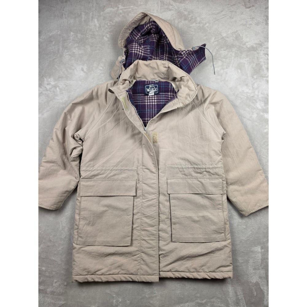 Vintage Woolrich Parka Jacket Womens L Tan Plaid Wool Lined Hooded Chore Barn